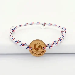 Bracelet homme cordage marin tricolore simple médaille gravée bois ronde 2 trous 21 mm - Edition spéciale Fierté tricolore