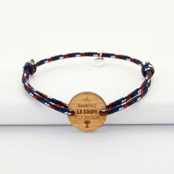 Bracelet homme cordage marin tricolore simple médaille gravée bois ronde 2 trous 21 mm - Edition spéciale Ramenez la coupe