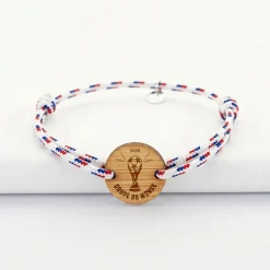 Bracelet homme cordage marin tricolore simple médaille gravée bois ronde 2 trous 21 mm - Edition spéciale Coupe du Monde