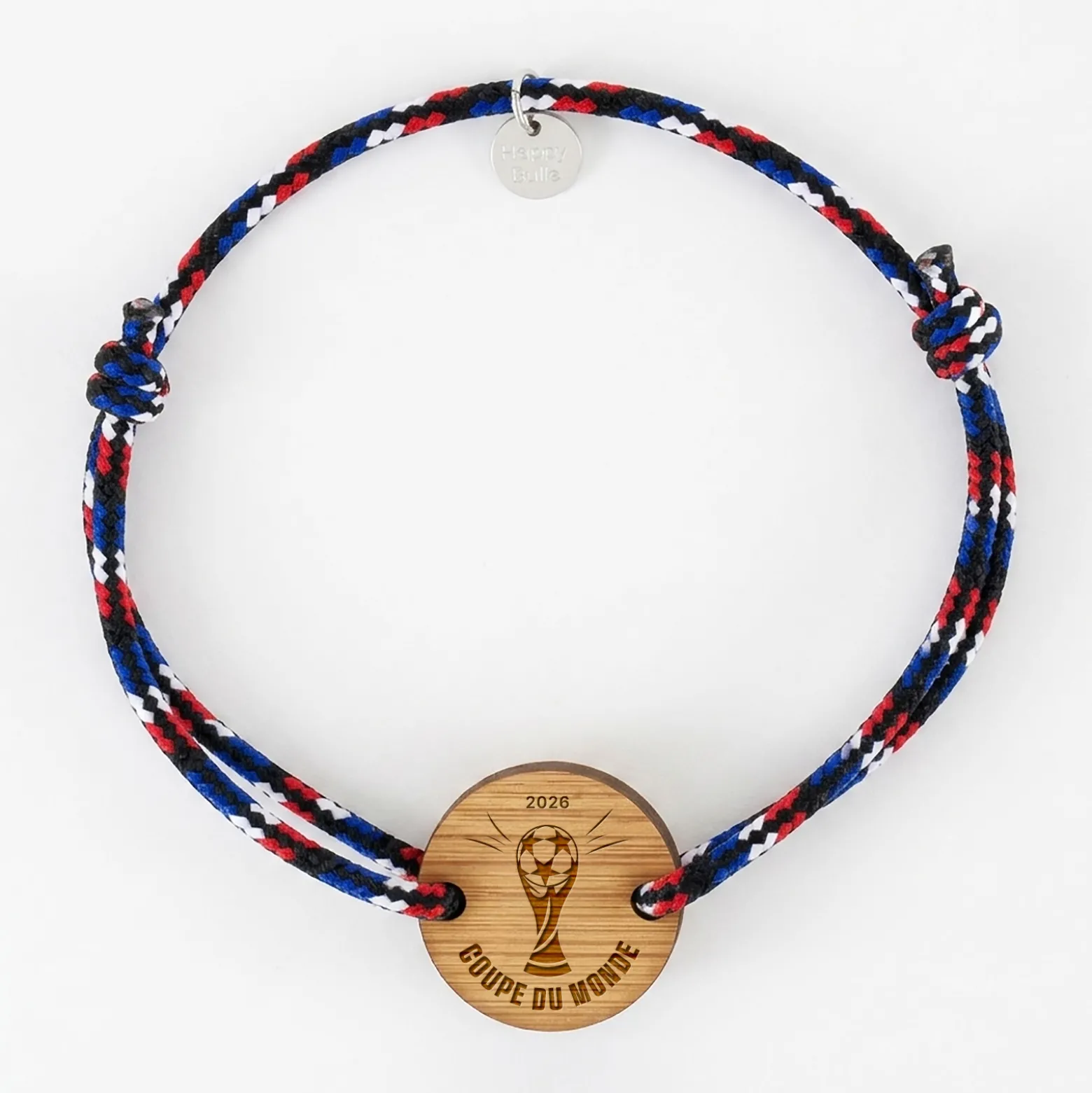 Bracelet homme cordage marin tricolore simple médaille gravée bois ronde 2 trous 21 mm - Edition spéciale Coupe du Monde