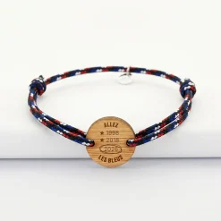 Bracelet homme cordage marin tricolore simple médaille gravée bois ronde 2 trous 21 mm - Edition spéciale Allez les bleus