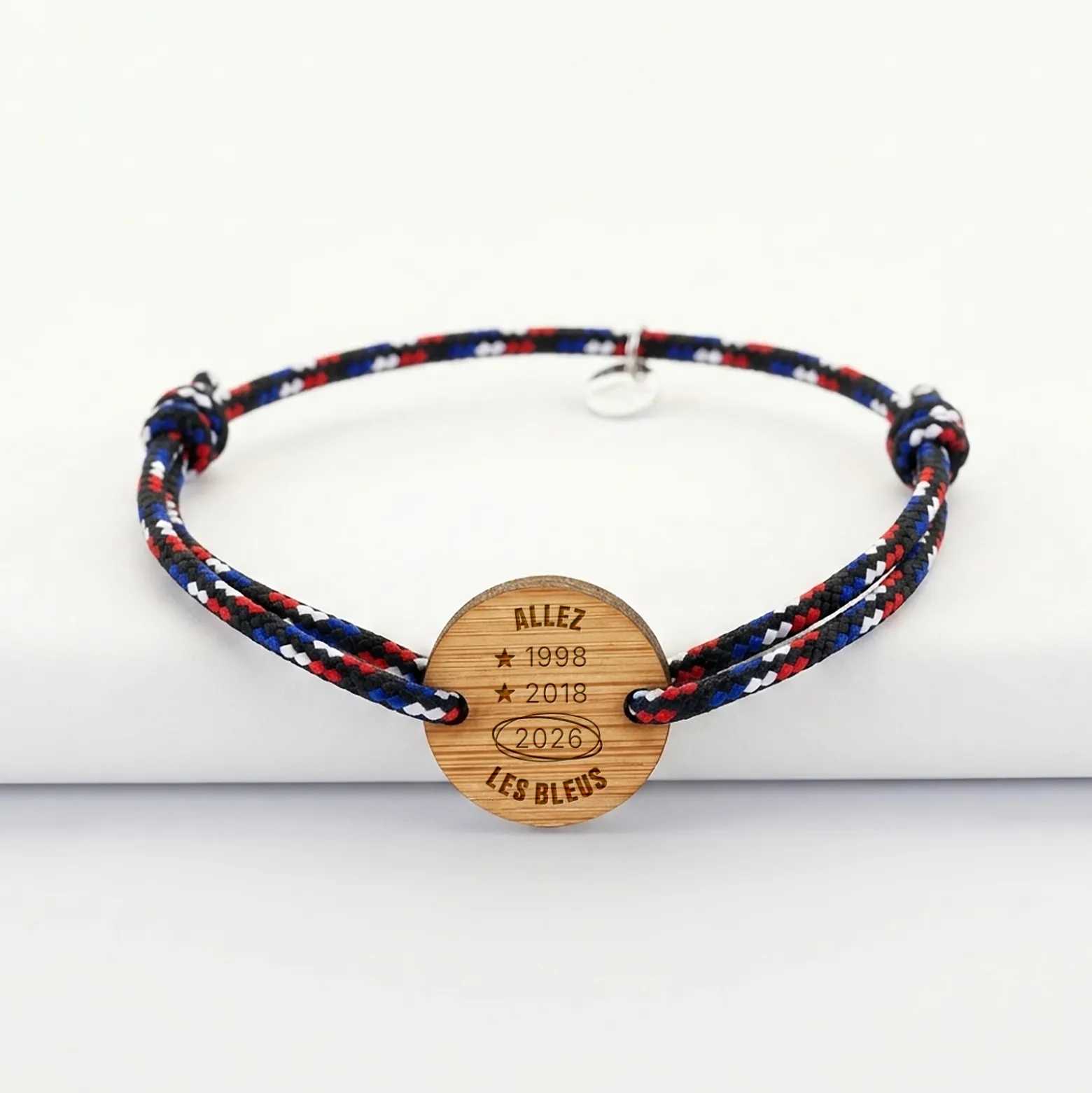 Bracelet homme cordage marin tricolore simple médaille gravée bois ronde 2 trous 21 mm - Edition spéciale Allez les bleus