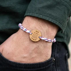 Bracelet homme cordage marin tricolore simple médaille gravée bois ronde 2 trous 21 mm - Edition spéciale Allez les bleus