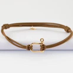 Bracelet homme cordon cuir double manille plaqué or 15 mm