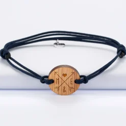 Bracelet homme cordon double personnalisé initiales médaille gravée bois ronde 2 trous 21 mm "pour les amoureux"