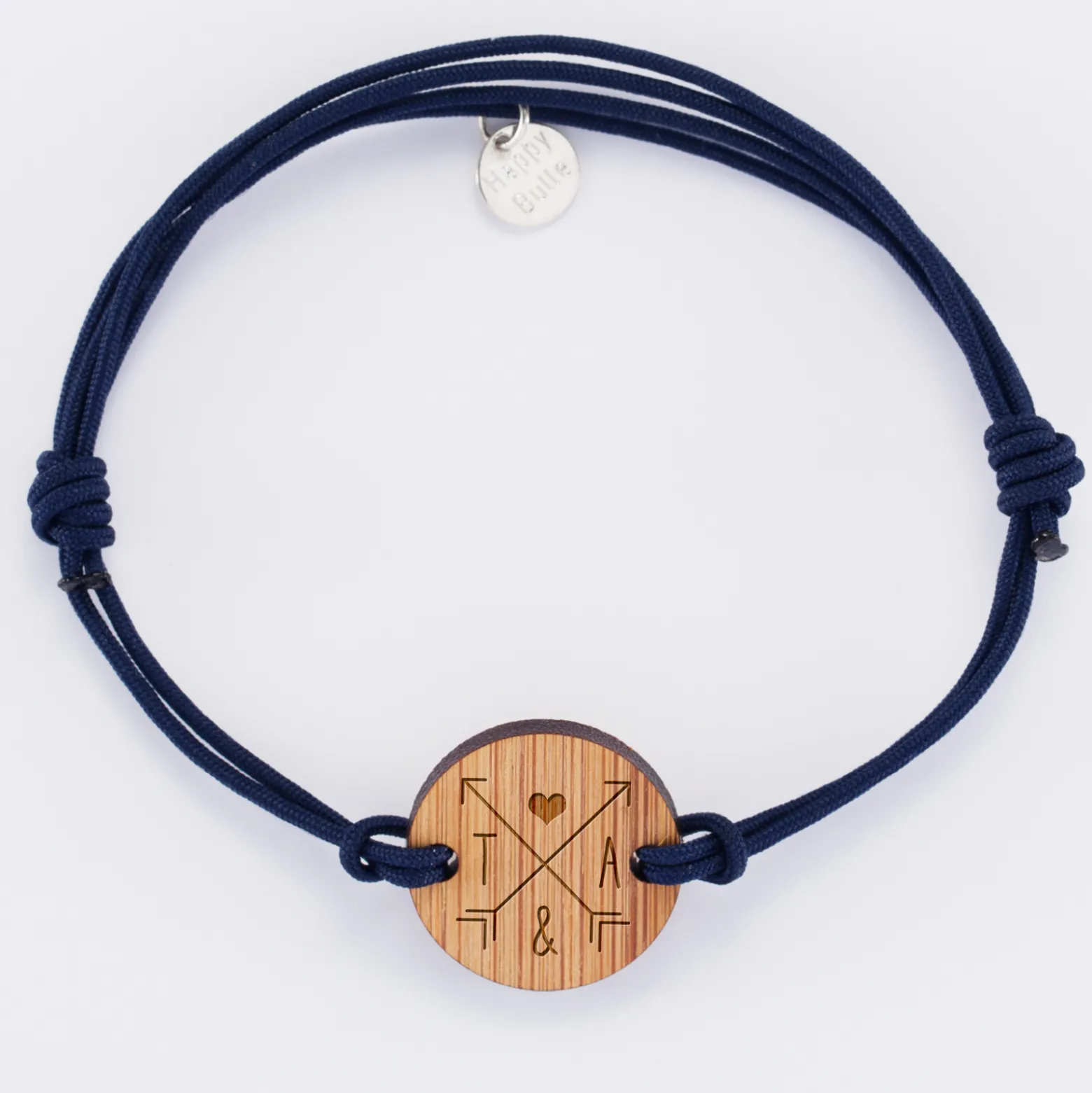 Bracelet homme cordon double personnalisé initiales médaille gravée bois ronde 2 trous 21 mm "pour les amoureux"