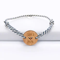 Bracelet homme cordon marin médaille gravée bois ronde 21 mm - Edition spéciale "Super Papa"