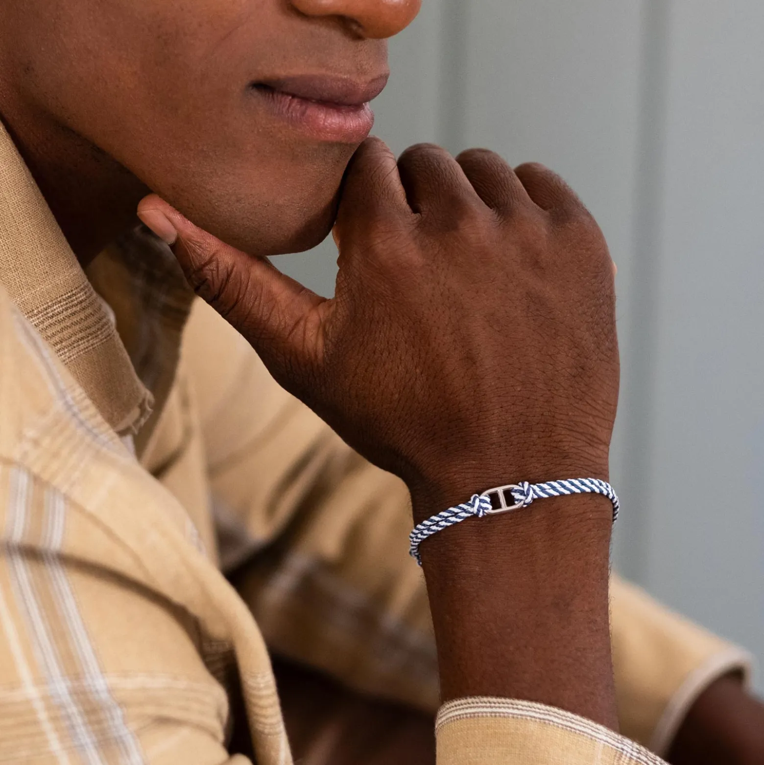 Bracelet homme cordon tressé double maille marine argent 15,4x9 mm