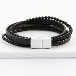Bracelet homme cuir et perles fermoir acier 15x11 mm