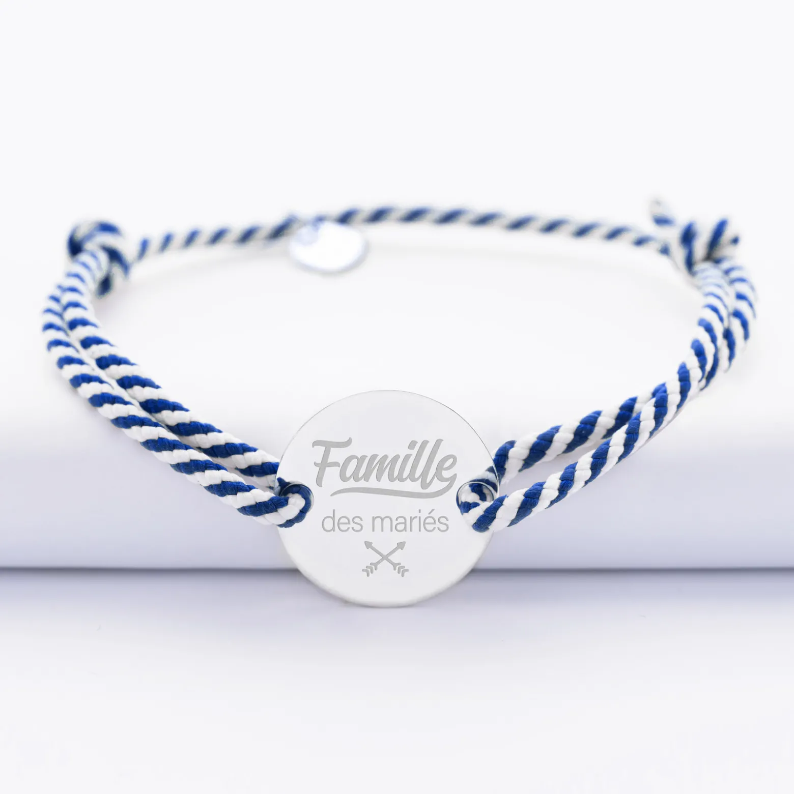 Bracelet homme Famille des mariés personnalisé cordon marin tressé médaille gravée argent 2 trous 20 mm