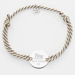 Bracelet homme Famille des mariés personnalisé cordon marin tressé médaille gravée argent 2 trous 20 mm