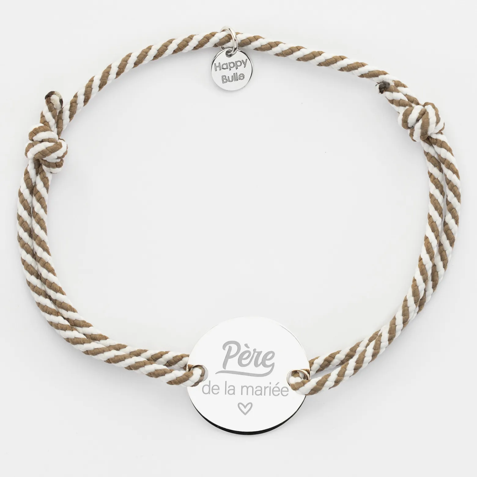 Bracelet homme Famille des mariés personnalisé cordon marin tressé médaille gravée argent 2 trous 20 mm