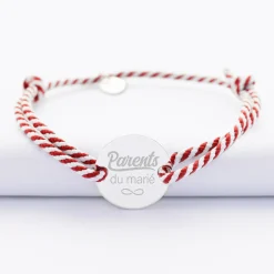 Bracelet homme Famille des mariés personnalisé cordon marin tressé médaille gravée argent 2 trous 20 mm