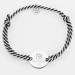 Bracelet homme Famille des mariés personnalisé cordon marin tressé médaille gravée argent 2 trous 20 mm
