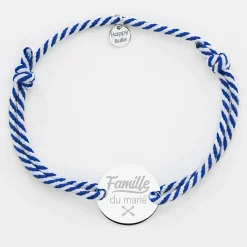 Bracelet homme Famille des mariés personnalisé cordon marin tressé médaille gravée argent 2 trous 20 mm
