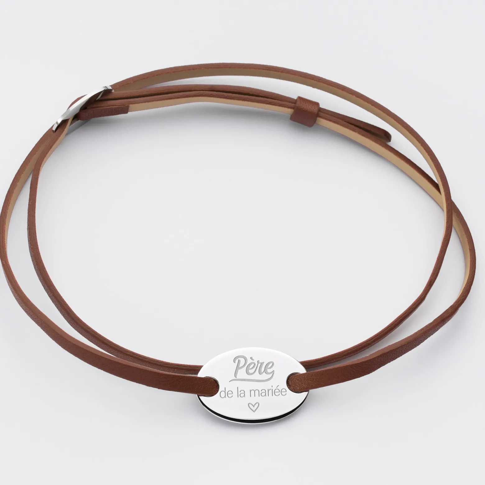 Bracelet homme Famille des mariés personnalisé cuir médaille gravée argent ovale 2 trous 25x16 mm