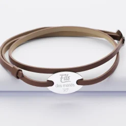 Bracelet homme Famille des mariés personnalisé cuir médaille gravée argent ovale 2 trous 25x16 mm
