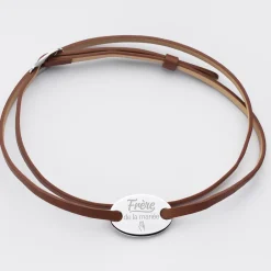 Bracelet homme Famille des mariés personnalisé cuir médaille gravée argent ovale 2 trous 25x16 mm