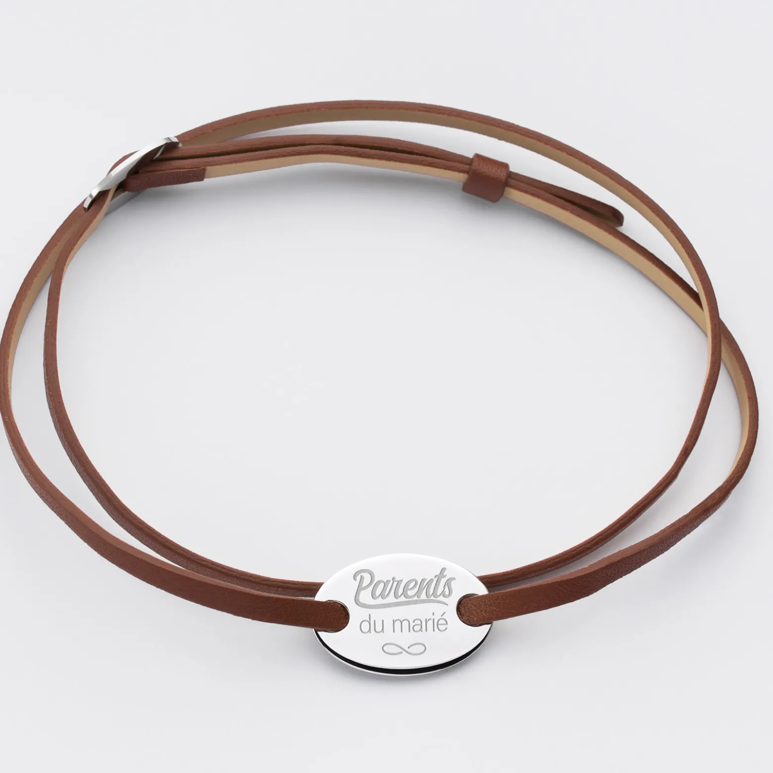 Bracelet homme Famille des mariés personnalisé cuir médaille gravée argent ovale 2 trous 25x16 mm