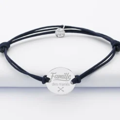 Bracelet homme Famille des mariés personnalisé cordon doublé médaille gravée argent 2 trous 20 mm