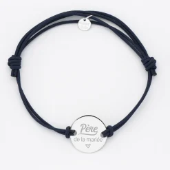 Bracelet homme Famille des mariés personnalisé cordon doublé médaille gravée argent 2 trous 20 mm
