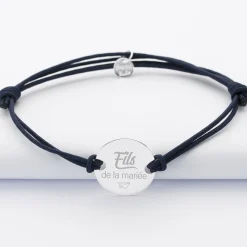 Bracelet homme Famille des mariés personnalisé cordon doublé médaille gravée argent 2 trous 20 mm
