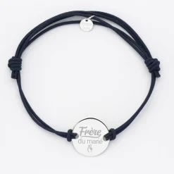 Bracelet homme Famille des mariés personnalisé cordon doublé médaille gravée argent 2 trous 20 mm