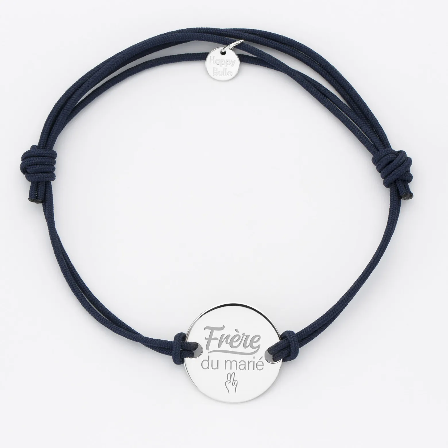 Bracelet homme Famille des mariés personnalisé cordon doublé médaille gravée argent 2 trous 20 mm