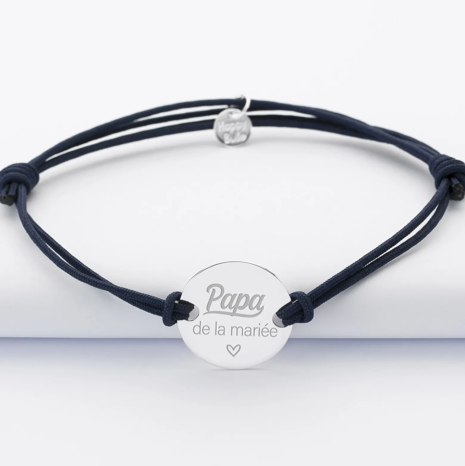 Bracelet homme Famille des mariés personnalisé cordon doublé médaille gravée argent 2 trous 20 mm