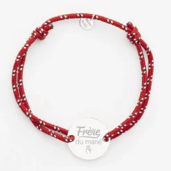 Bracelet homme Famille des mariés personnalisé cordage marin simple médaille gravée argent 2 trous 20 mm
