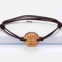 Bracelet homme médaille gravée bois ronde 21 mm - Edition spéciale "Papy Chéri"