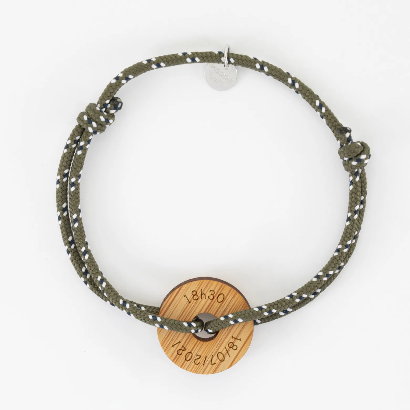 Bracelet homme personnalisé cordage marin simple médaille gravée bois cible ronde 21 mm