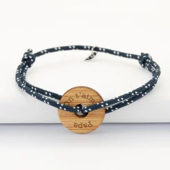 Bracelet homme personnalisé cordage marin simple médaille gravée bois cible ronde 21 mm