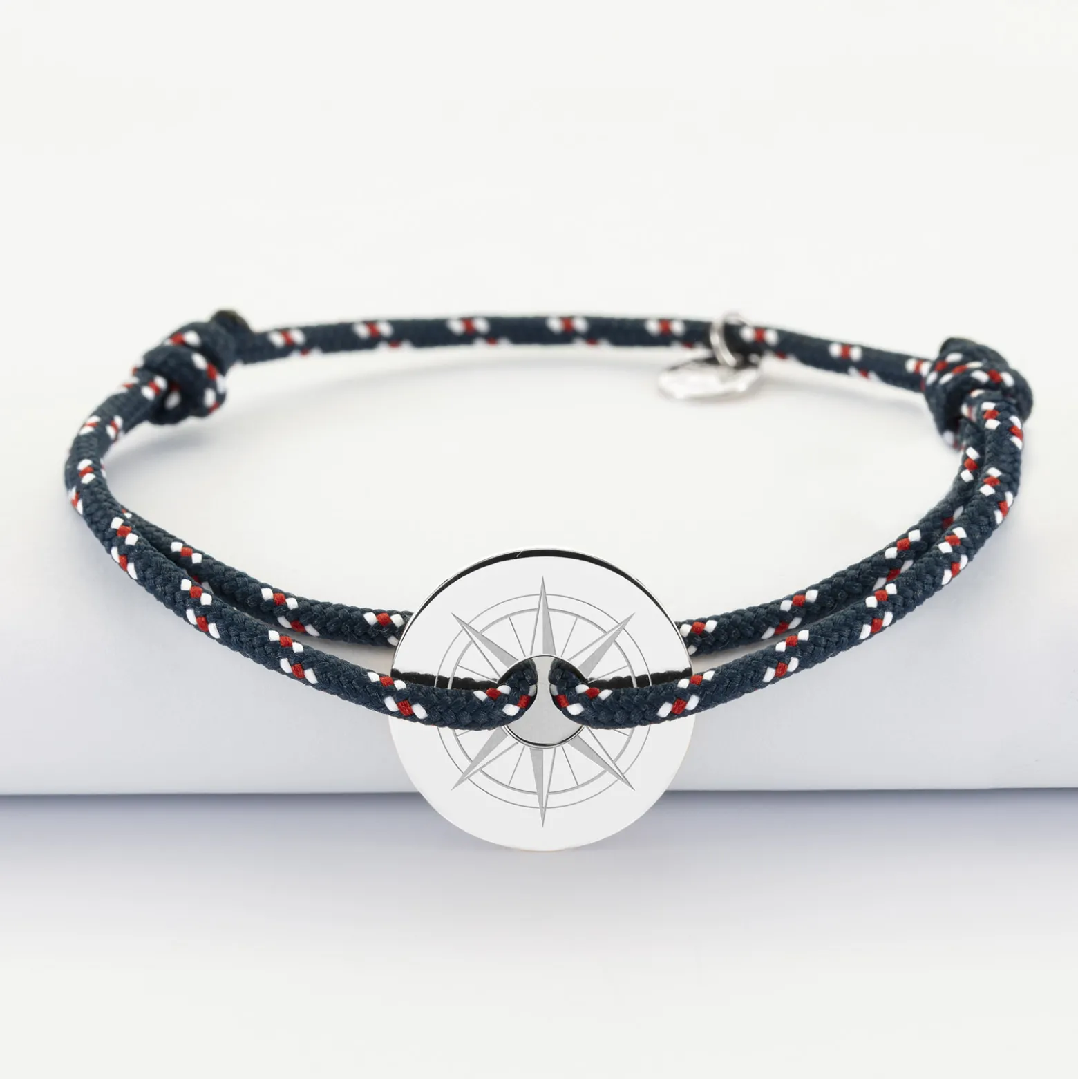 Bracelet homme personnalisé cordage marin simple médaille gravée argent cible 20 mm - Edition spéciale Rose des vents