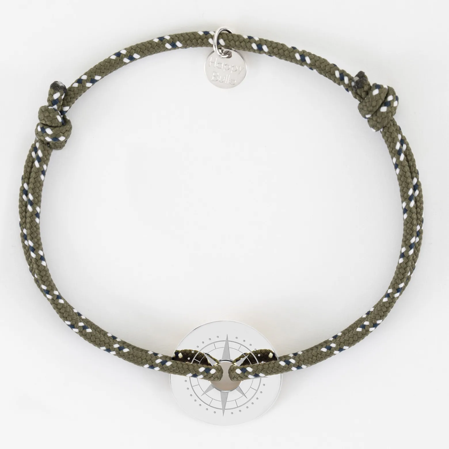 Bracelet homme personnalisé cordage marin simple médaille gravée argent cible 20 mm - Edition spéciale Rose des vents