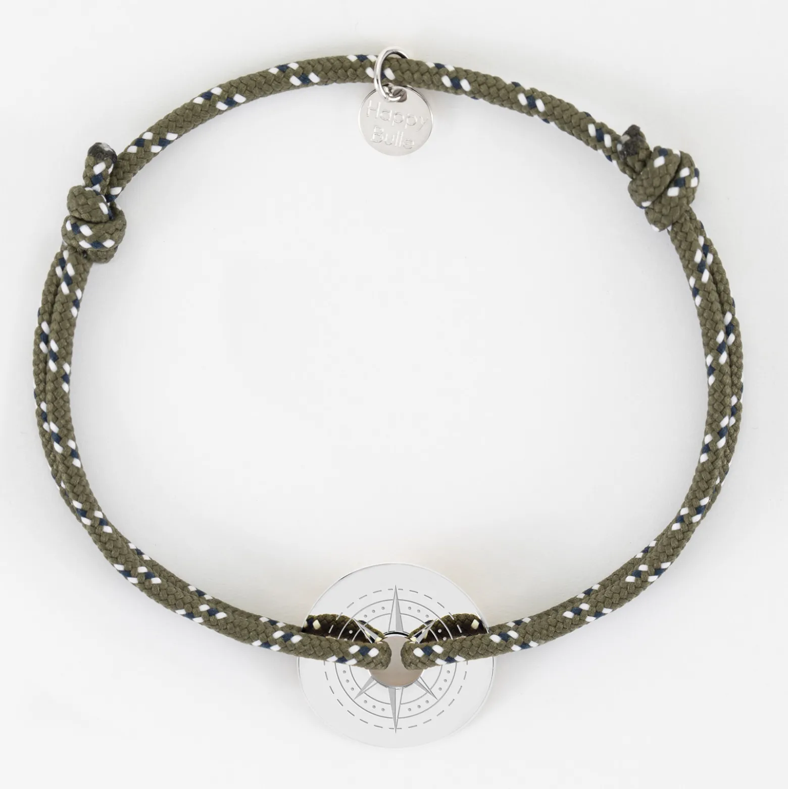 Bracelet homme personnalisé cordage marin simple médaille gravée argent cible 20 mm - Edition spéciale Rose des vents