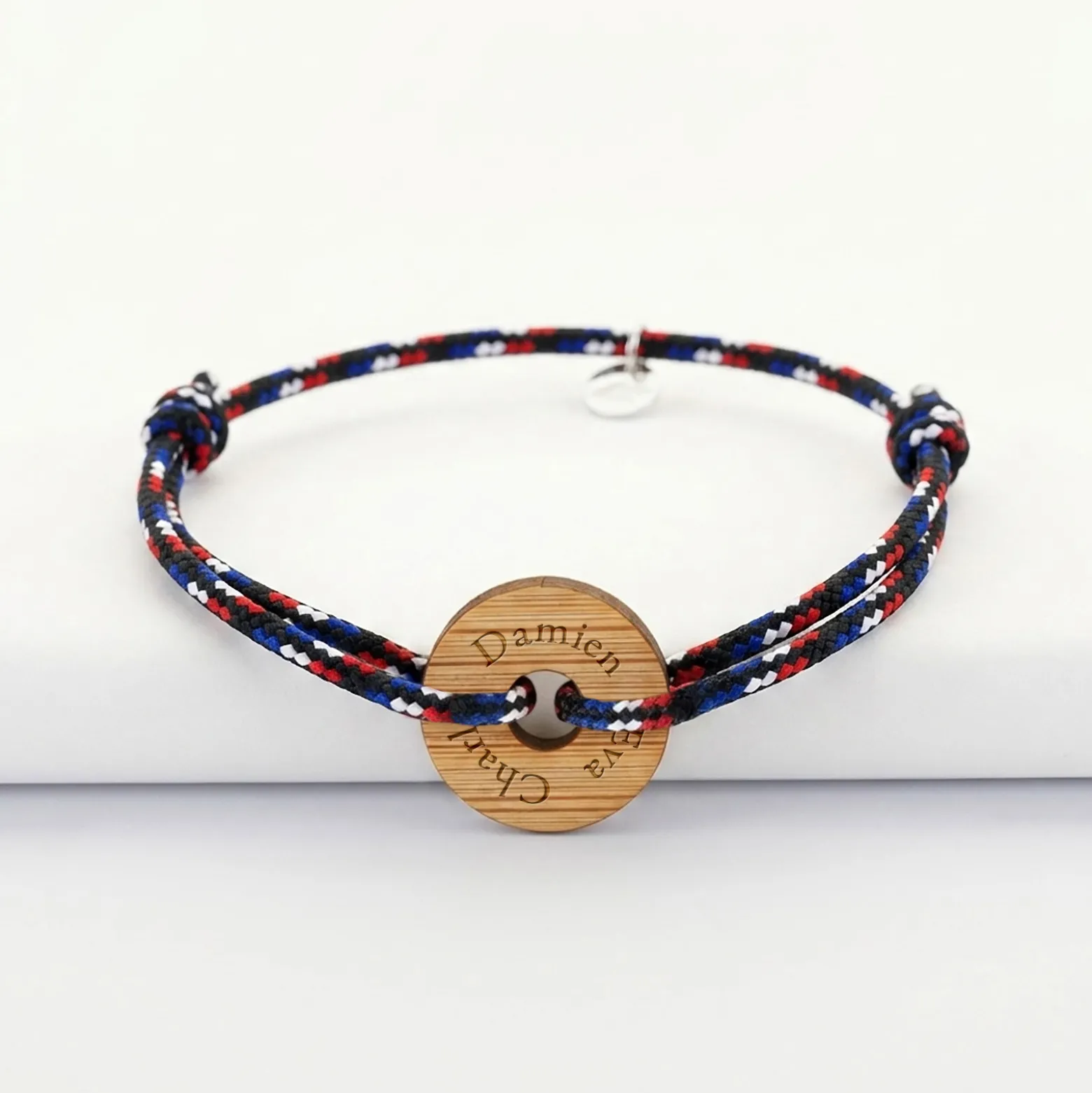 Bracelet homme personnalisé cordage BLEU BLANC ROUGE médaille gravée bois cible ronde 21 mm