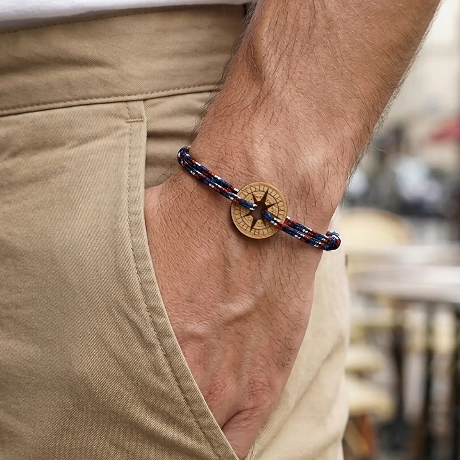 Bracelet homme personnalisé cordage BLEU BLANC ROUGE médaille gravée bois cible ronde 21 mm