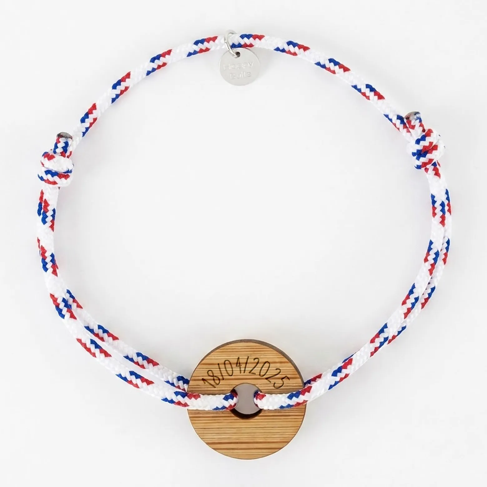 Bracelet homme personnalisé cordage BLEU BLANC ROUGE médaille gravée bois cible ronde 21 mm