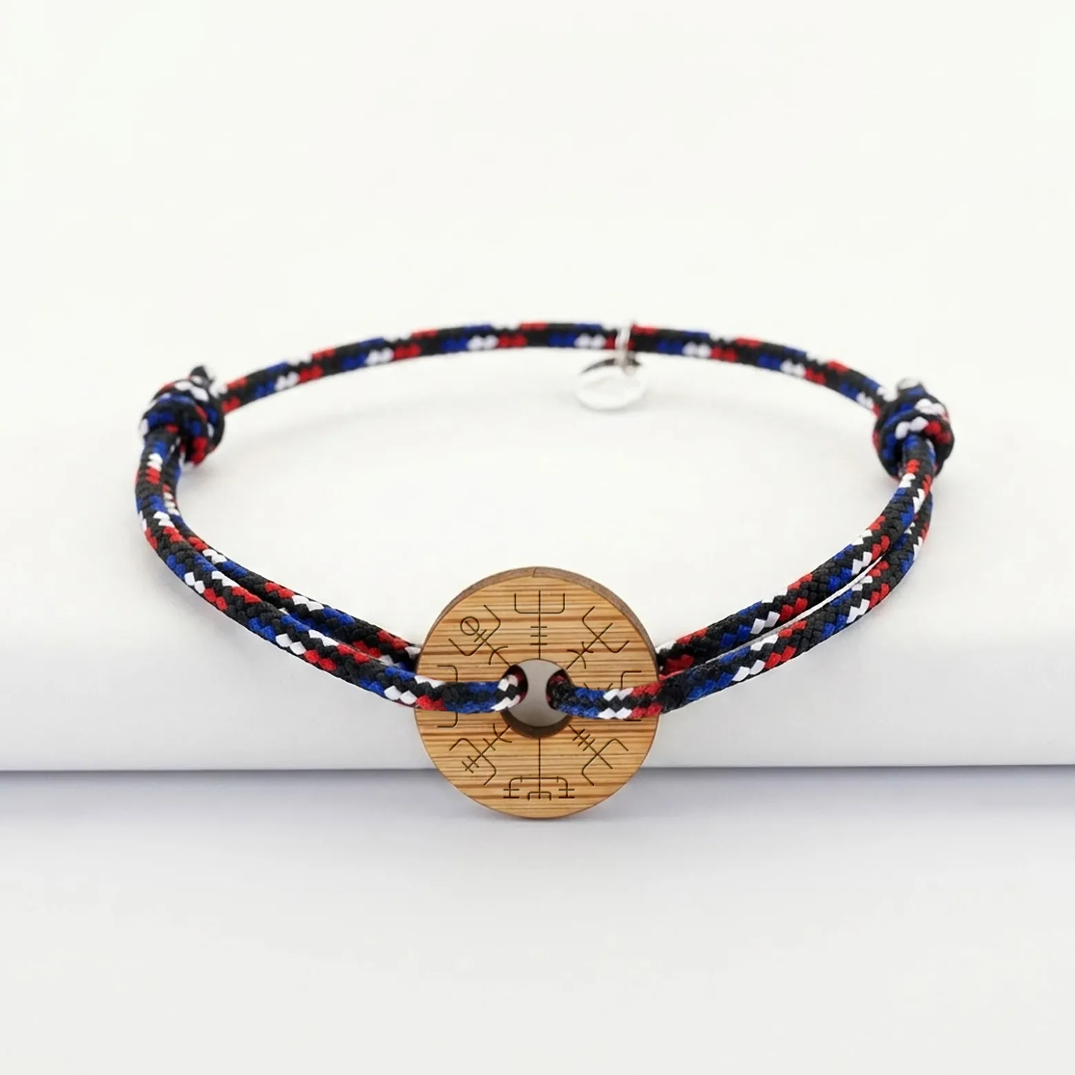 Bracelet homme personnalisé cordage BLEU BLANC ROUGE médaille gravée bois cible ronde 21 mm