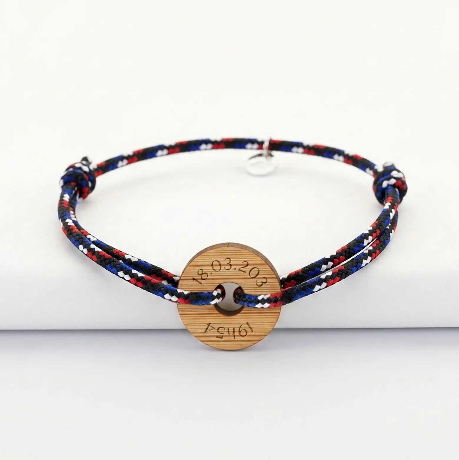 Bracelet homme personnalisé cordage BLEU BLANC ROUGE médaille gravée bois cible ronde 21 mm