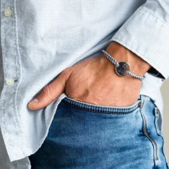 Bracelet homme personnalisé cordon marin tressé médaille gravée argent 2 trous 20 mm - Happybulle x Barbapapa