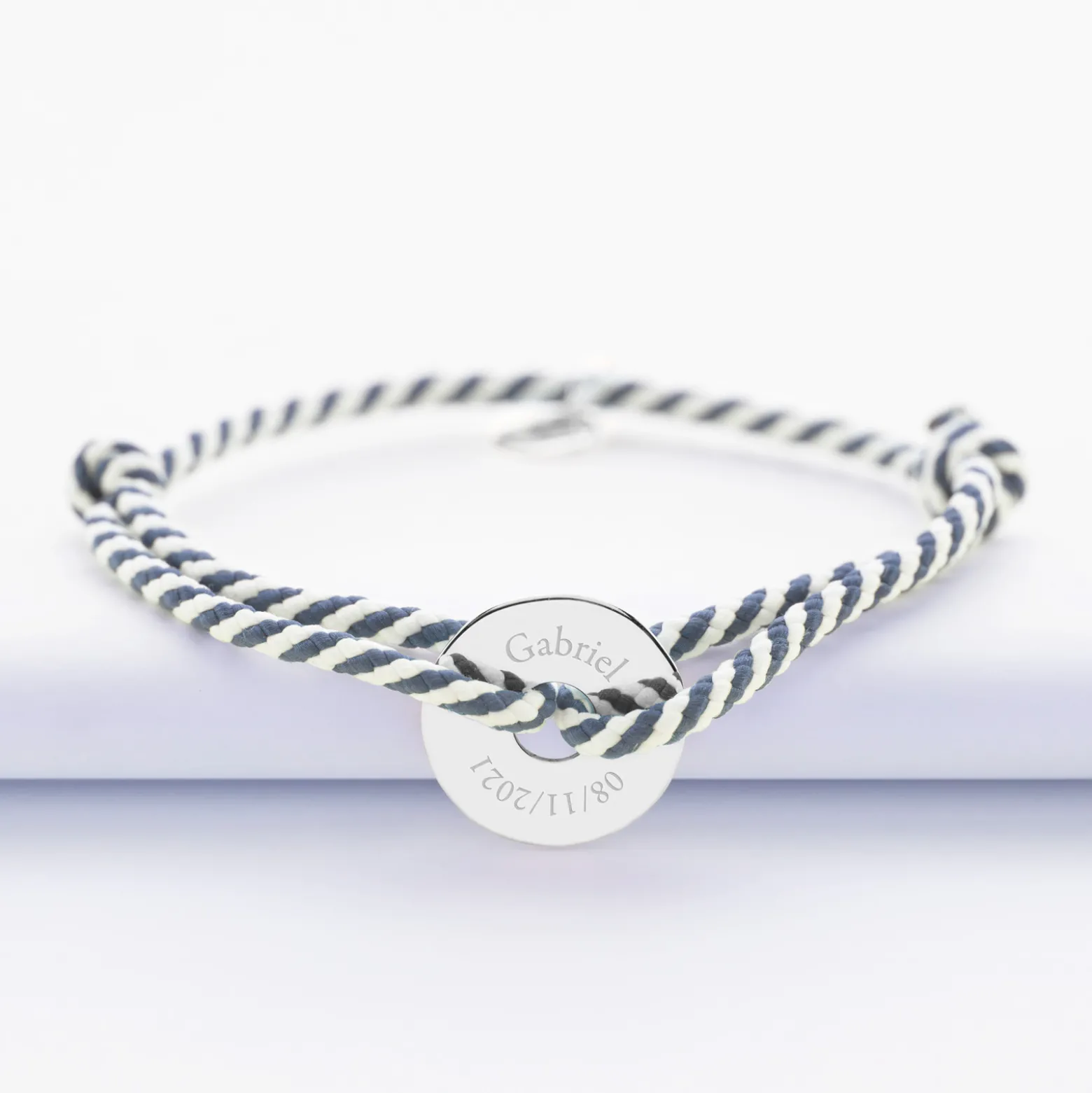 Bracelet homme personnalisé cordon marin tressé médaille gravée argent cible 16 mm