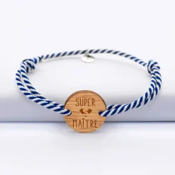 Bracelet homme personnalisé cordon marin tressé médaille gravée bois ronde 2 trous 21 mm - Edition spéciale "Super Maître"