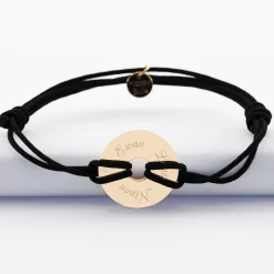 Bracelet homme personnalisé cordon double médaille gravée plaqué or cible soleil 20 mm