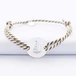 Bracelet homme personnalisé cordon marin tressé médaille gravée argent 2 trous 20 mm - Edition spéciale Marin
