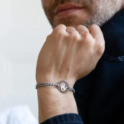 Bracelet homme personnalisé cordon marin tressé médaille gravée argent 2 trous 20 mm