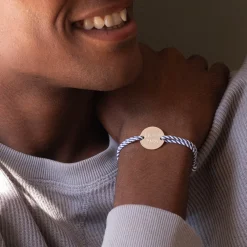 Bracelet homme personnalisé cordon marin tressé médaille gravée argent 2 trous 20 mm