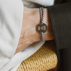 Bracelet homme personnalisé cordon marin tressé médaille gravée argent 2 trous 20 mm