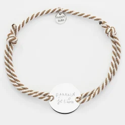 Bracelet homme personnalisé cordon marin tressé médaille gravée argent 2 trous 20 mm